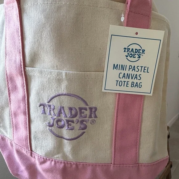 Trader Joe’s Limited Edition Pastel Mini Pink and Cream Canvas Tote Bag - Picture 8 of 16